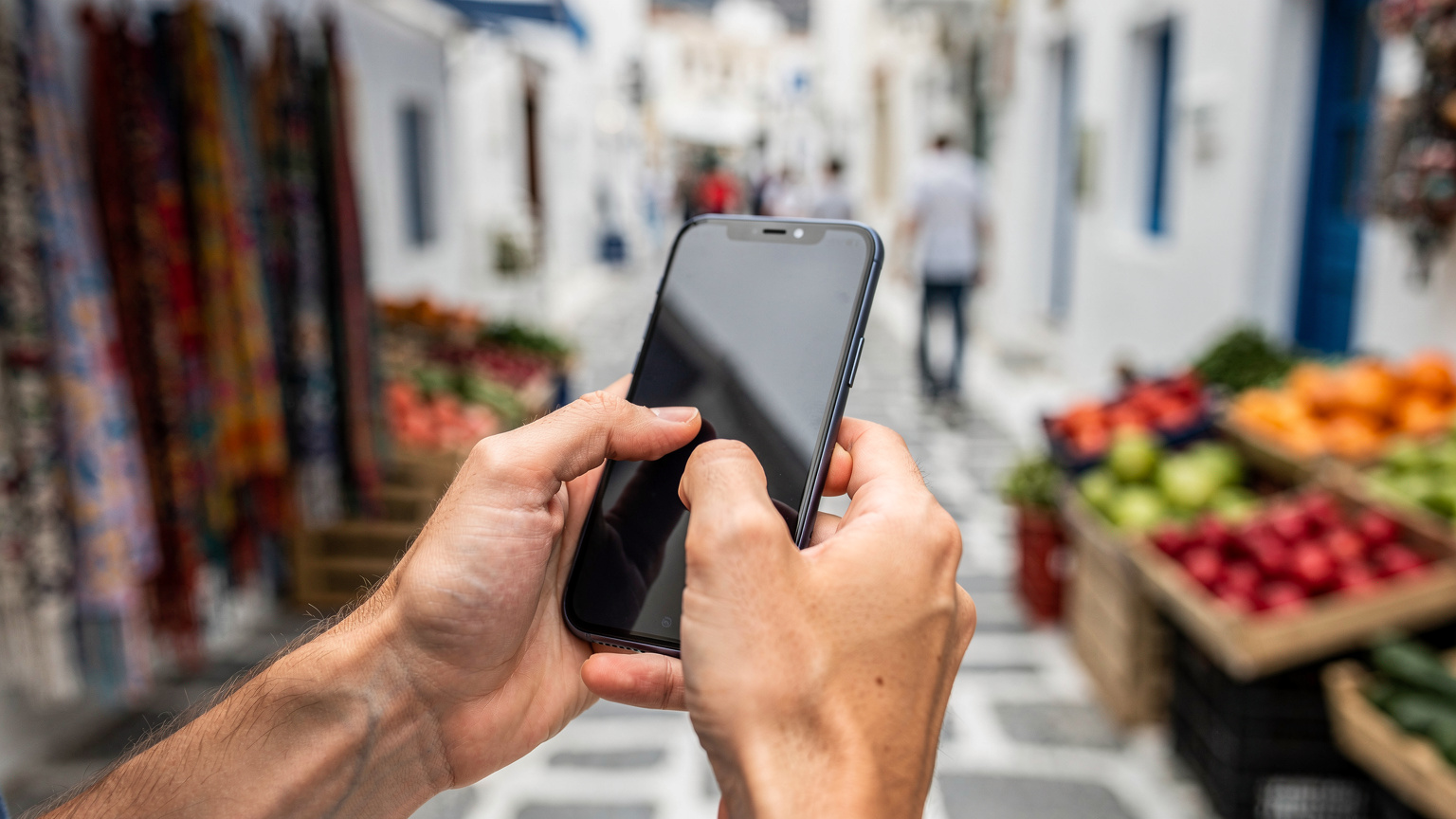 Manos de un viajero utilizando un smartphone para navegar en un mapa digital, con los vibrantes colores de un mercado callejero griego difuminados de fondo.