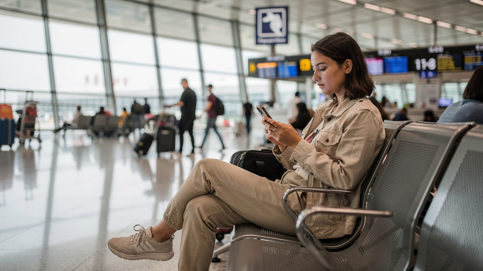 Một du khách trẻ đang chăm chú đọc đánh giá các gói eSIM trên điện thoại thông minh của mình trong khi ngồi trên ghế tại một sảnh khởi hành đông đúc của Sân bay Quốc tế Phố Đông Thượng Hải, với hành lý bên cạnh.