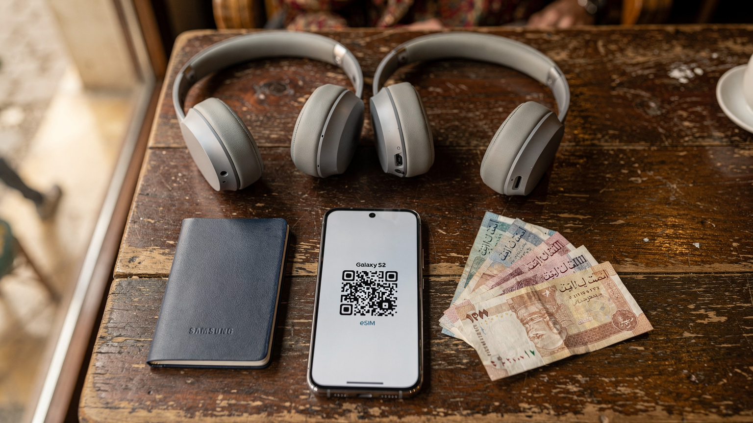 Элегантный плоский снимок (flat lay) паспорта, наушников, Samsung Galaxy S24 с отображенным QR-кодом eSIM и небольшой стопки египетских фунтов, лежащих на деревянном столе кафе в Каире. Мягкий свет из окна.