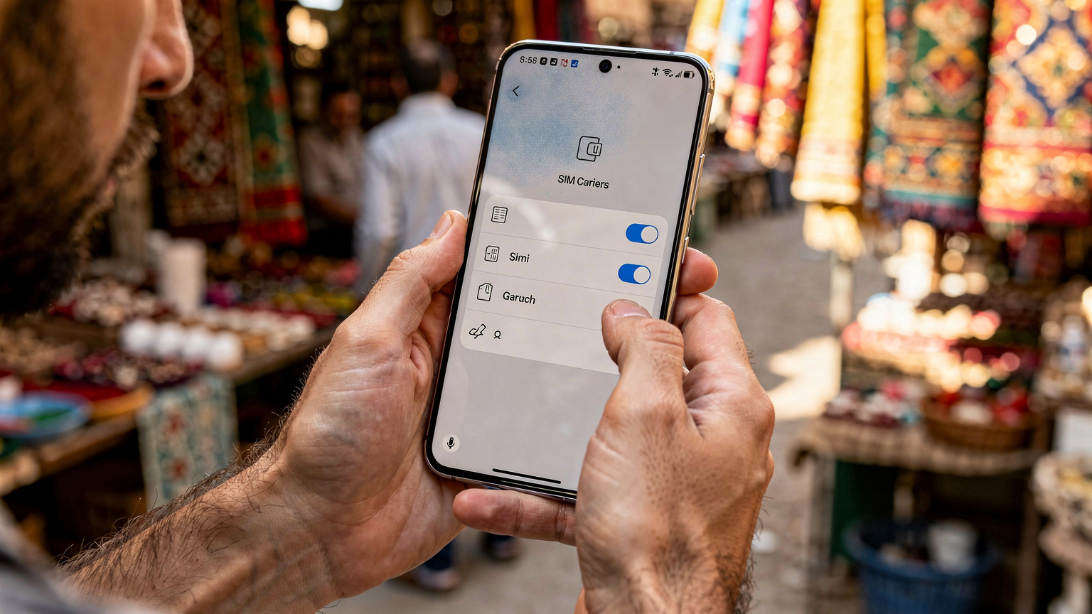 Крупный план рук путешественника, держащего Samsung Galaxy S24, на экране которого видно меню настроек сотовой связи, на фоне египетского базара. Фокусировка на руках и телефоне.