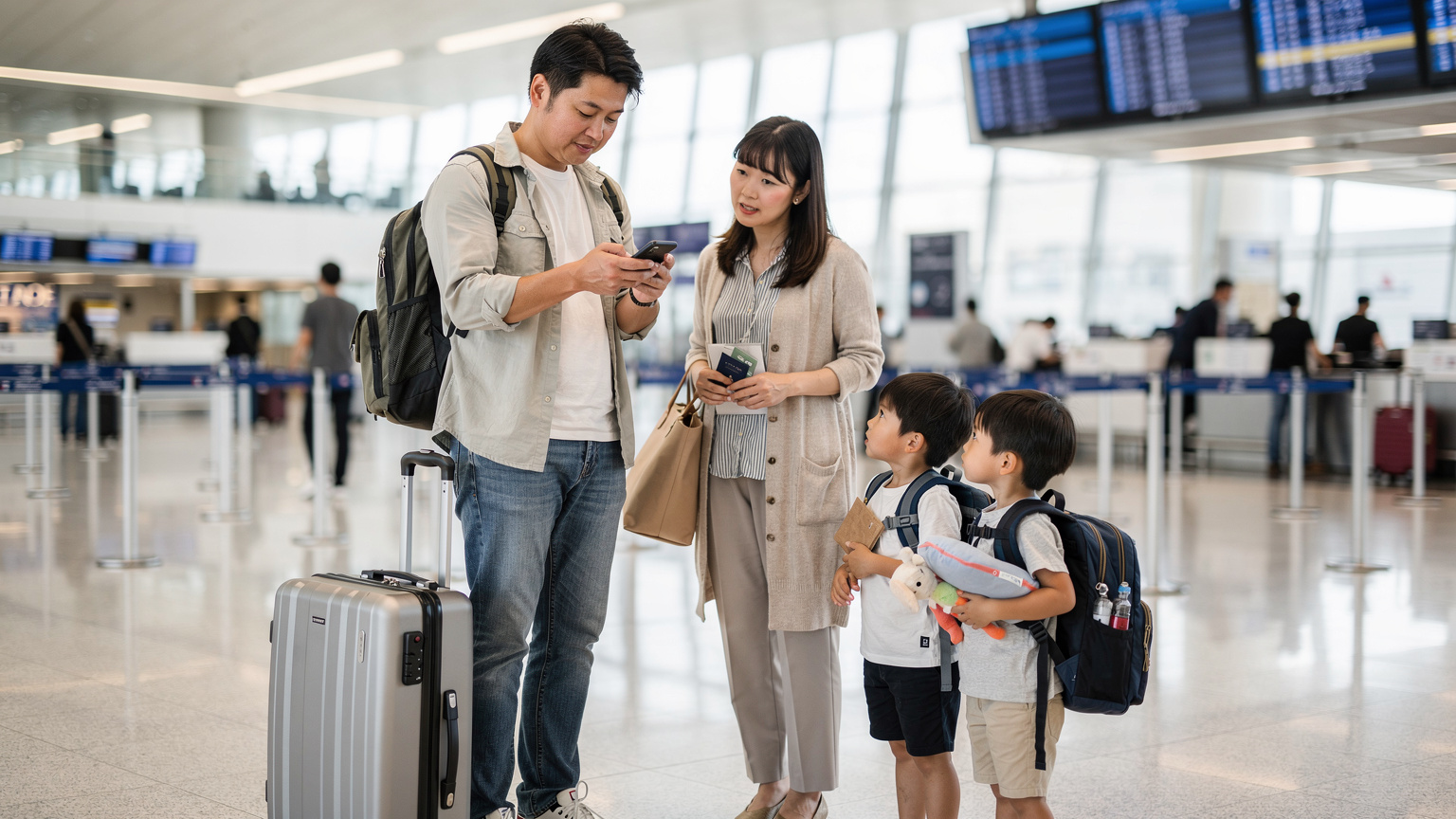 空枯ã®ãã§ãã¯ã€ã³ã«ãŠã³ã¿ãŒã§ãå®¶æã䞊ãã§åŸ
ã£ãŠããéãç¶èŠªãã¹ããŒããã©ã³ãæäœããeSIMã®æçµèšå®ããã©ã€ãæ
å ±ã確èªããŠããã