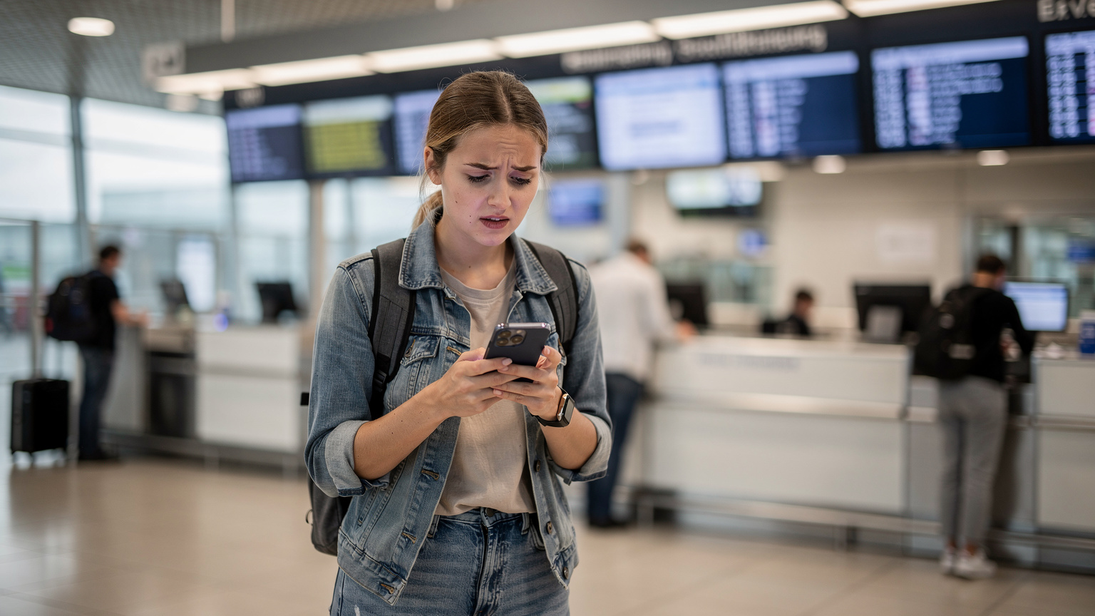 Eine junge Frau steht an einem Check-in-Schalter am Flughafen Berlin Brandenburg (BER), hält ihr Smartphone in der Hand und schaut besorgt auf den Bildschirm, während sie versucht, eine Verbindung herzustellen.