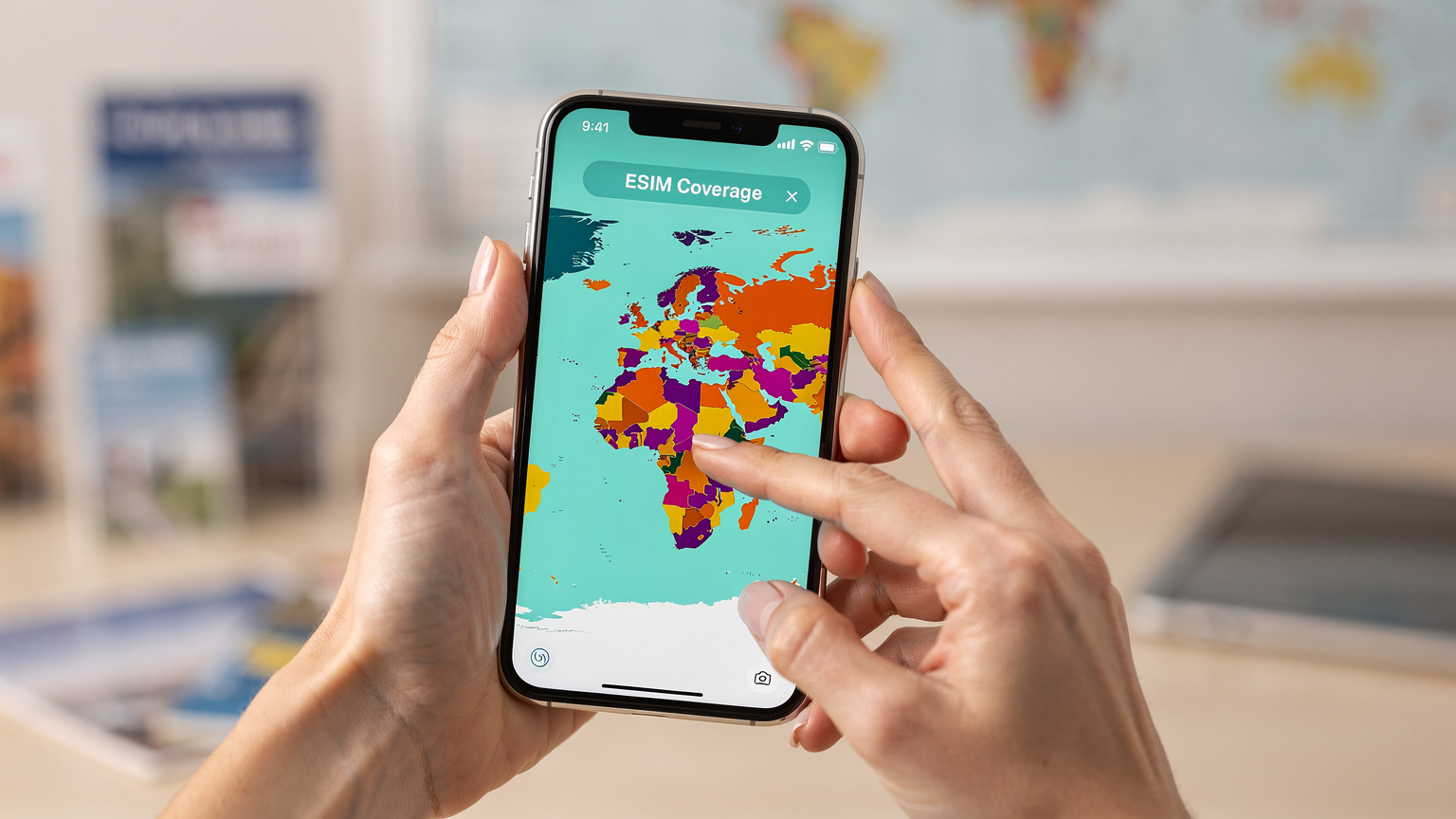 Detailný záber na ruky ženy, ktorá drží smartfón a ukazuje na interaktívnu mapu pokrytia eSIM, kde sú rôzne krajiny farebne vyznačené, symbolizujúce globálne pripojenie Cellesim.