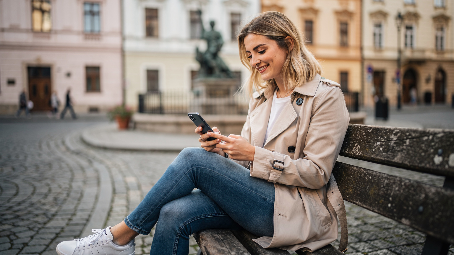 Mladá žena s blond vlasmi sedí na lavičke v historickom centre Brna, s úsmevom inštaluje eSIM na svojom Samsung Galaxy smartfóne, v pozadí je vidieť sochu a staré budovy.