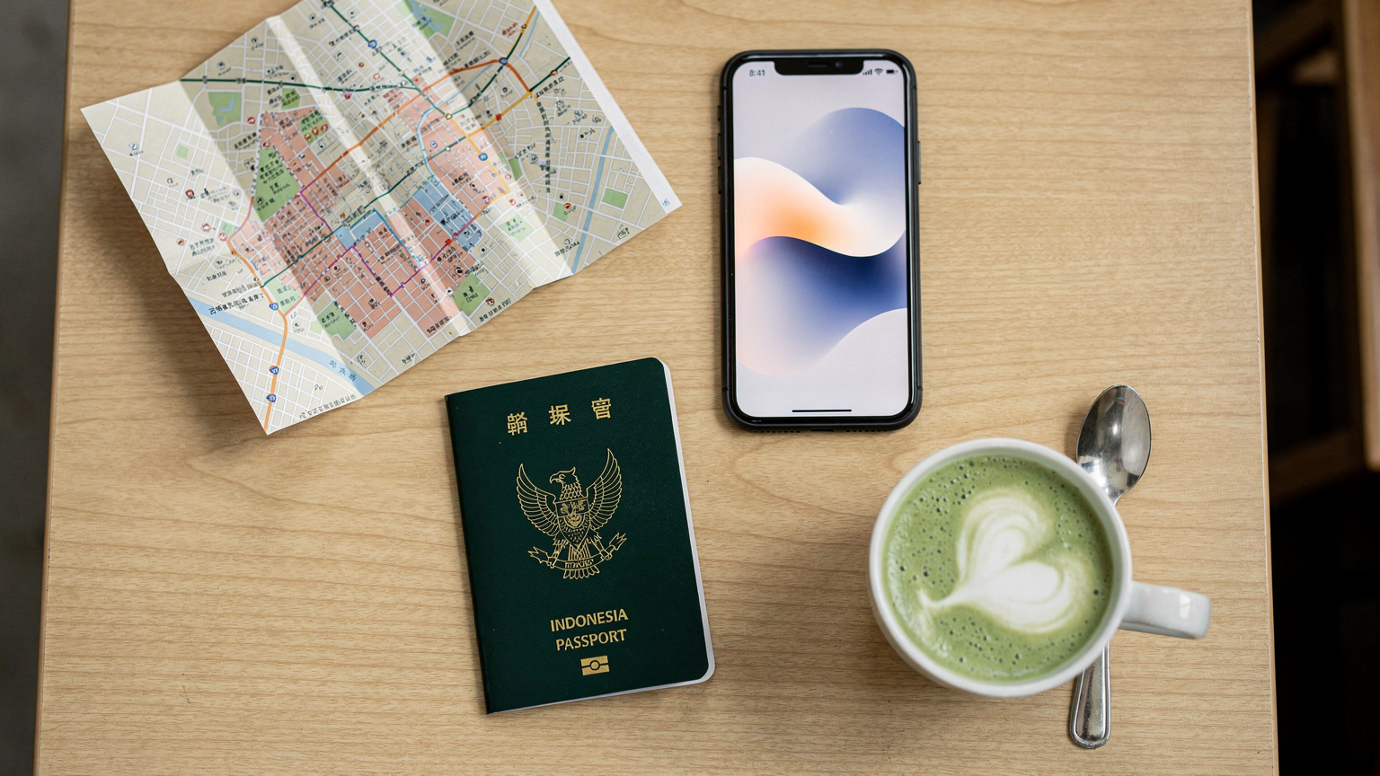 Overhead flat-lay menampilkan paspor Indonesia, ponsel dengan layar cerah, peta Tokyo, dan secangkir matcha latte di meja kafe Jepang yang bersih.