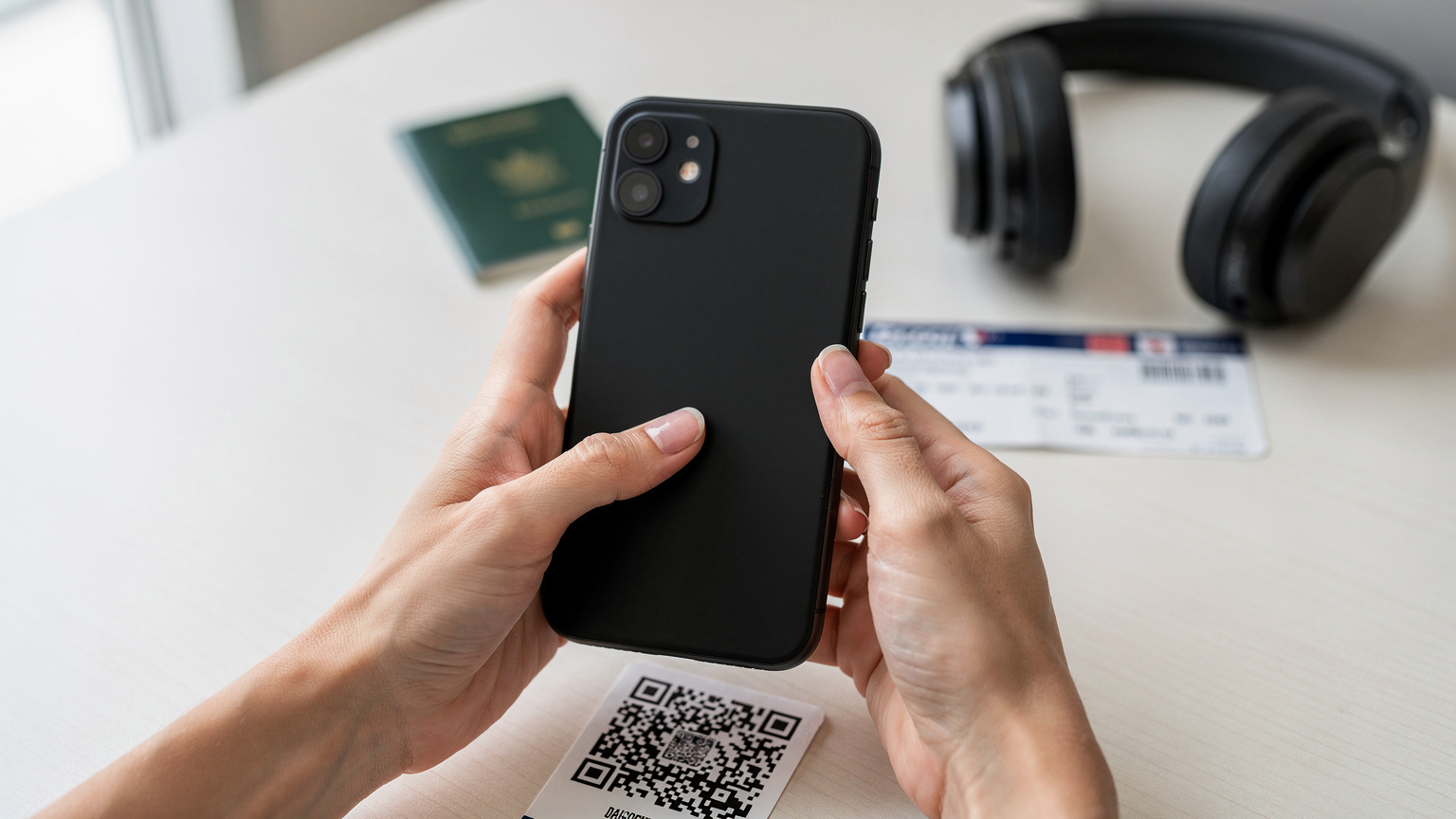 Tangan seorang traveler sedang memegang ponselnya untuk memindai QR code eSIM, dengan paspor dan tiket pesawat di latar belakang.