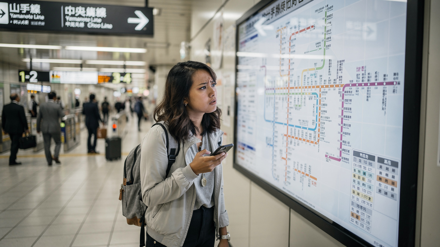 Seorang wanita muda melihat informasi rute kereta di stasiun Tokyo, membandingkan rute di ponselnya.