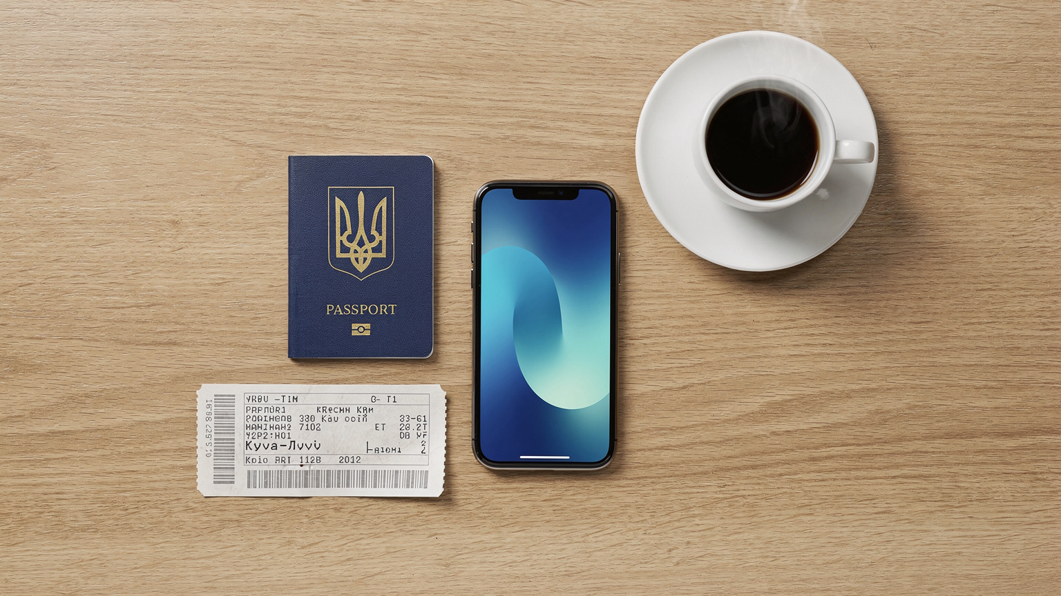 Організований натюрморт на столі в аеропорту: паспорт, смартфон з відкритим застосунком Cellesim, квиток на потяг та чашка кави.