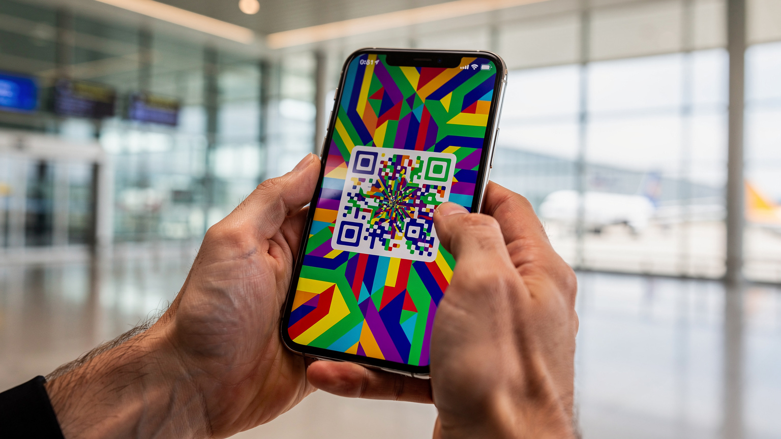 Крупний план рук, що тримають смартфон із QR-кодом для активації eSIM, на тлі розмитого аеропортного терміналу.