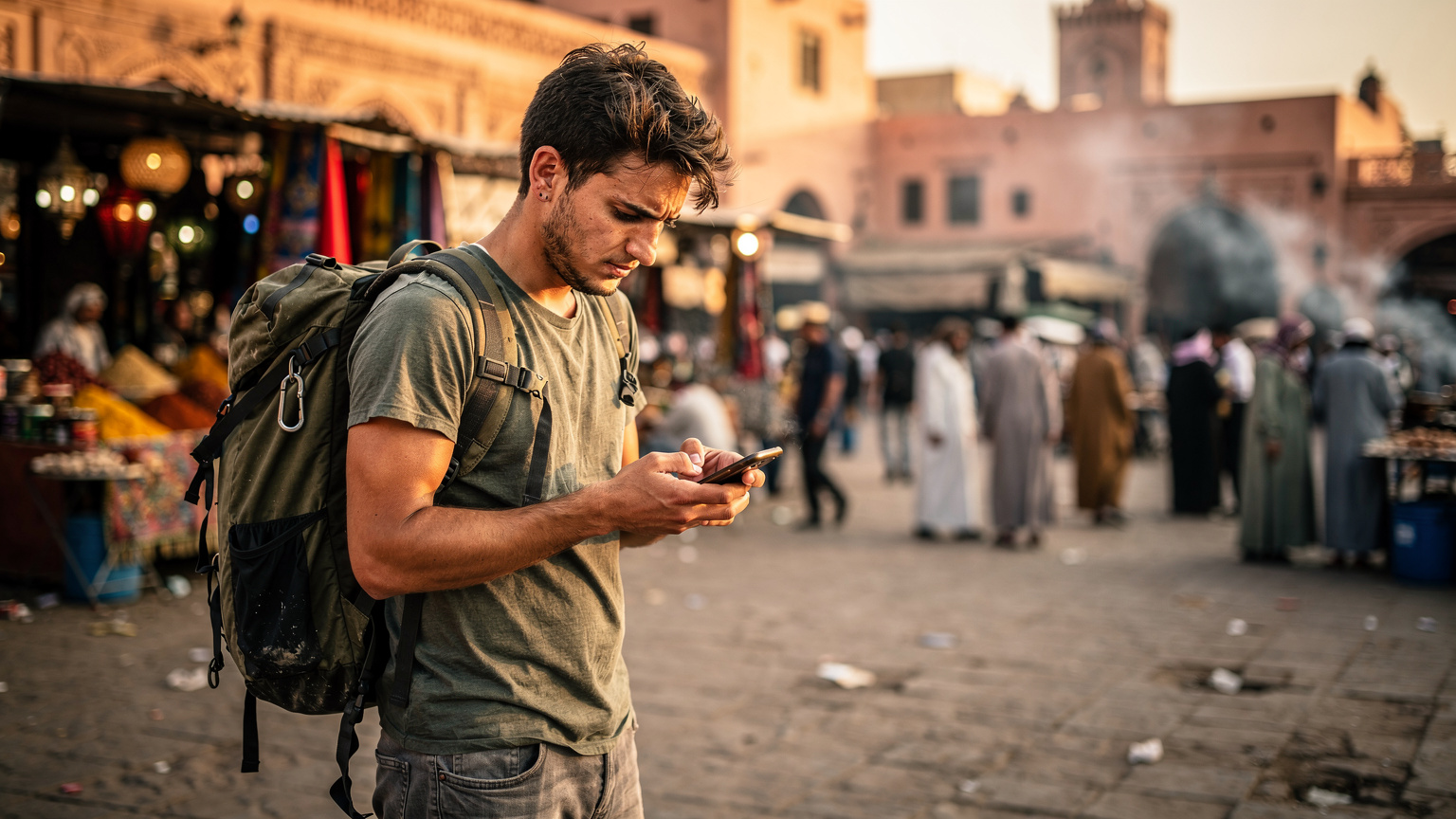 Un viajero con su mochila a la espalda revisa la cobertura de su teléfono en la plaza Djemaa el-Fna de Marrakech, con el bullicioso zoco de fondo y el sol de la tarde creando sombras.