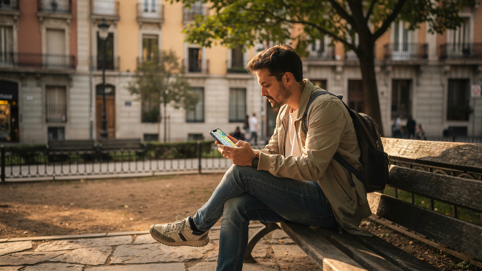 Una persona se sienta en un banco de un parque en el centro de Madrid, utilizando su teléfono para consultar un mapa digital de la ciudad. El sol de la tarde ilumina suavemente los edificios históricos de fondo, creando un ambiente tranquilo y urbano.