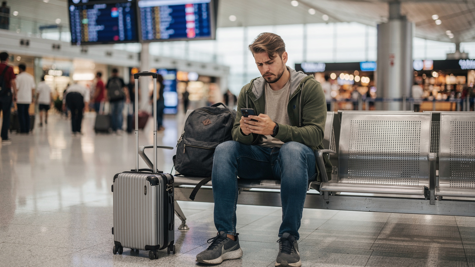 Un viajero frustrado mira su teléfono sin señal mientras está sentado en un banco de un aeropuerto asiático concurrido, rodeado de equipaje, con una expresión de preocupación en su rostro.