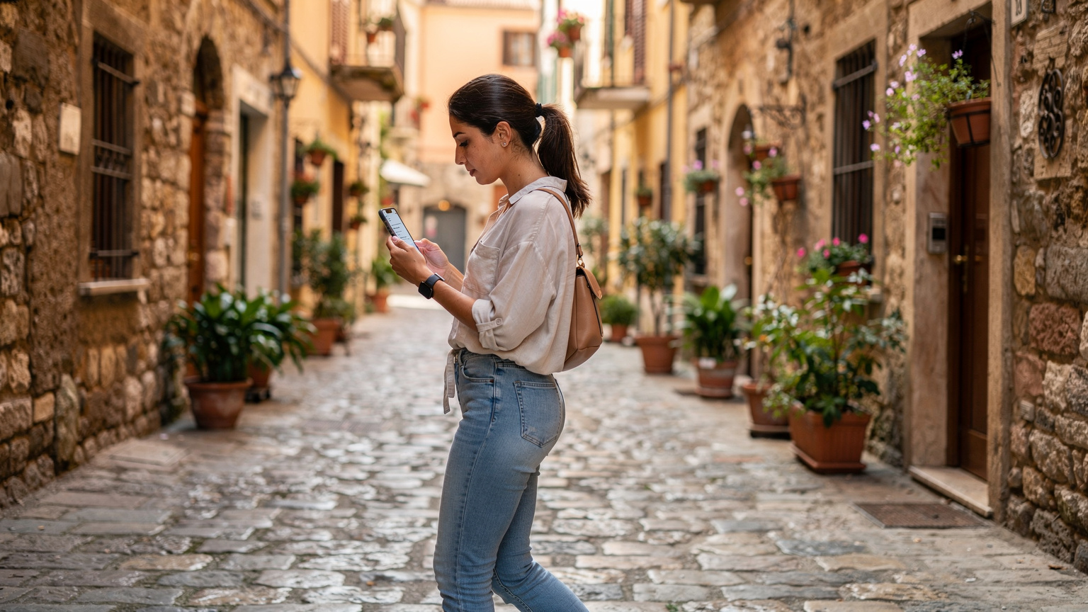 Bir Türk kadın gezgin, İtalya'da küçük bir kasabanın dar sokaklarında yürürken, elindeki telefonunda bir yolculuk uygulamasında eSIM veri kullanımını kontrol ediyor. Yüzünde hesaplı bir ifade var.
