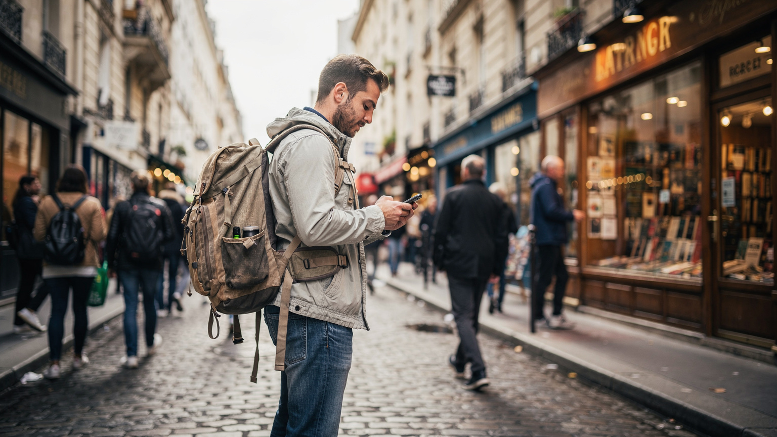 Bir sırt çantalı gezgin, Paris'in hareketli Latin Mahallesi'nde, eski bir kitapçı vitrininin önünde elindeki akıllı telefonla yol tarifi kontrol ediyor. Etrafında yerel halk ve diğer turistler görülüyor.