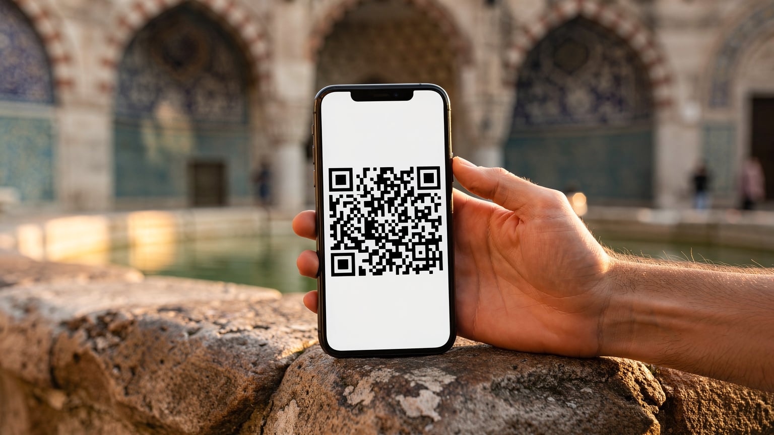 Bir sırt çantalı gezginin eli, İstanbul'daki tarihi bir çeşmenin kenarında duran akıllı telefonunun ekranında Cellesim uygulamasını açarak bir QR kodu tarıyor. Arka planda geleneksel mimari detayları seçiliyor.