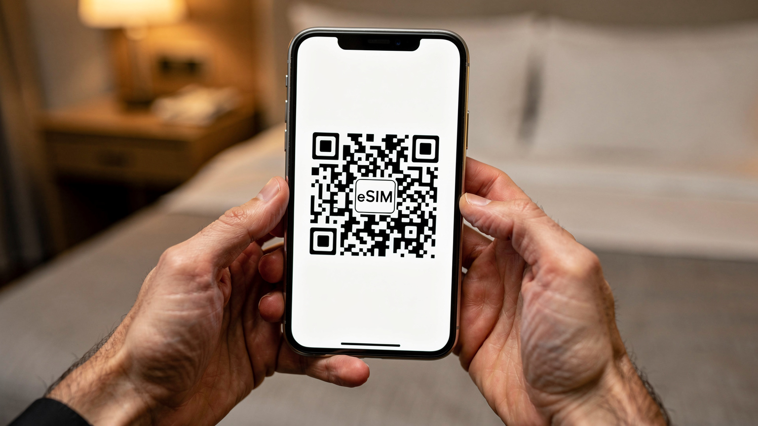 Een close-up van handen die een smartphone vasthouden, waarbij de focus ligt op het scherm dat een QR-code toont voor eSIM-installatie, met een wazige achtergrond van een hotelkamer.