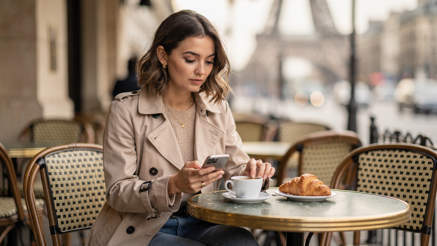 Een jonge vrouw geniet van een croissant en koffie in een Parijse café, terwijl ze haar telefoon gebruikt, met de Eiffeltoren subtiel op de achtergrond.