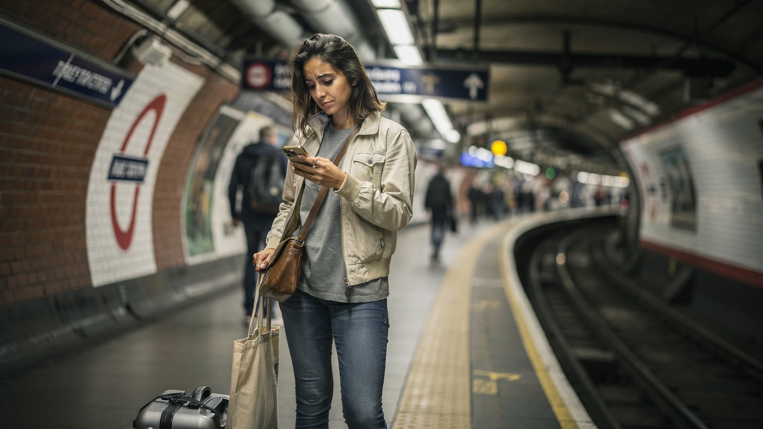 Een reiziger gebruikt haar telefoon om de weg te vinden op een druk metrostation in Londen, met klassieke rode bakstenen architectuur op de achtergrond.