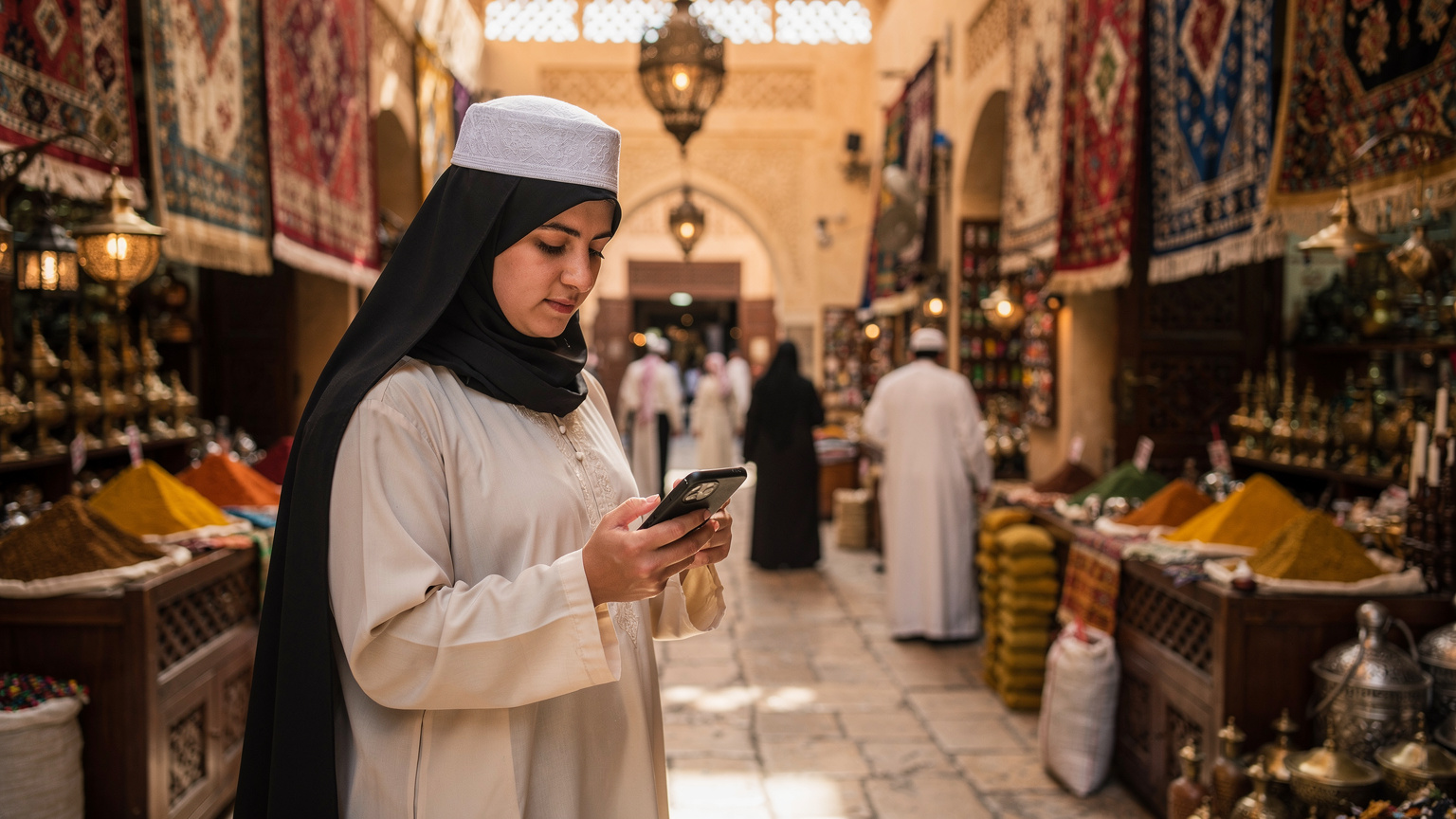 A pilgrim checking prayer times on a smartphone in a traditional Saudi souk, surrounded by vibrant textiles and spices.