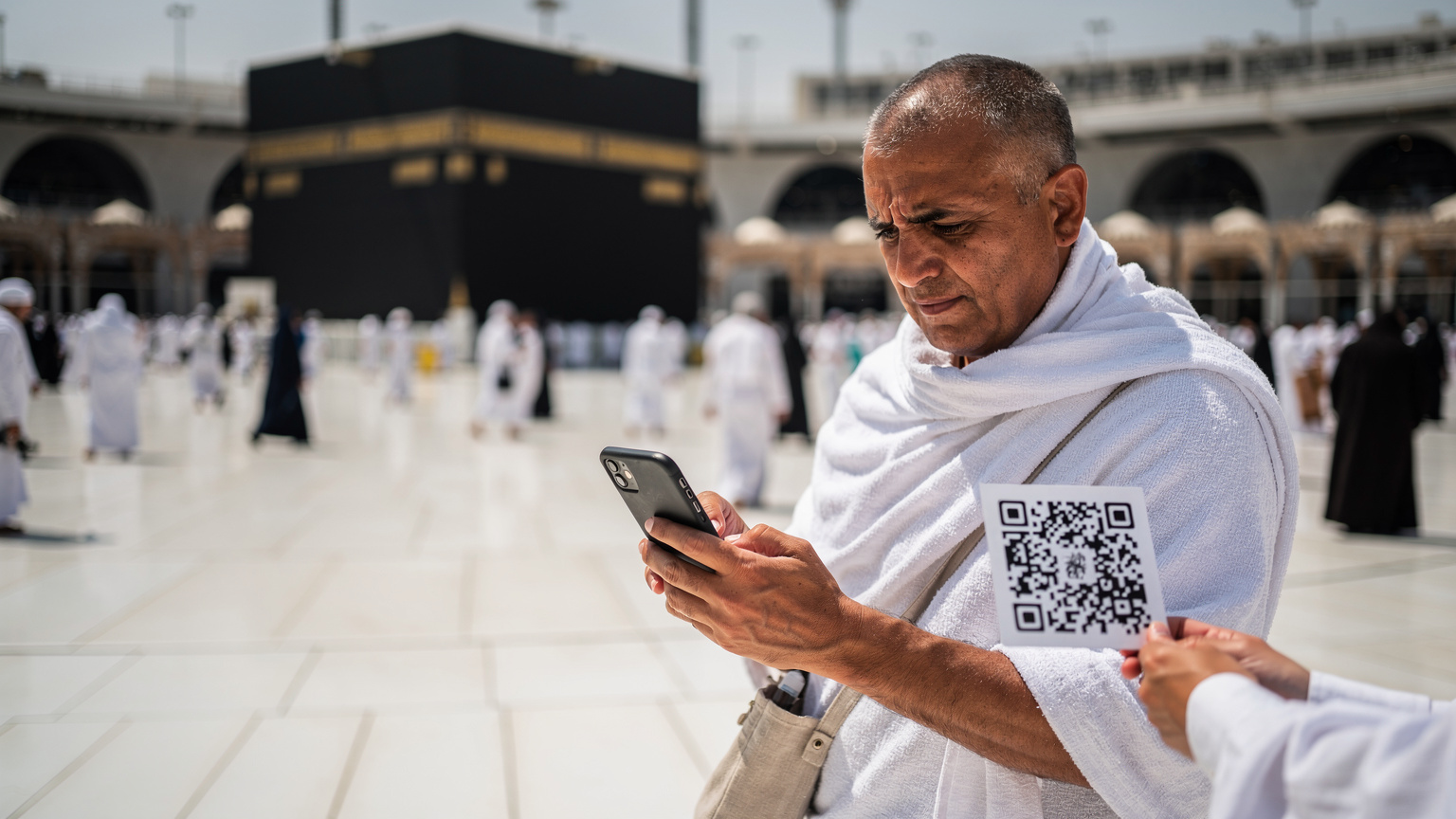 A pilgrim in traditional Ihram attire scanning an eSIM QR code on their smartphone in the Grand Mosque courtyard, with other pilgrims in the background.