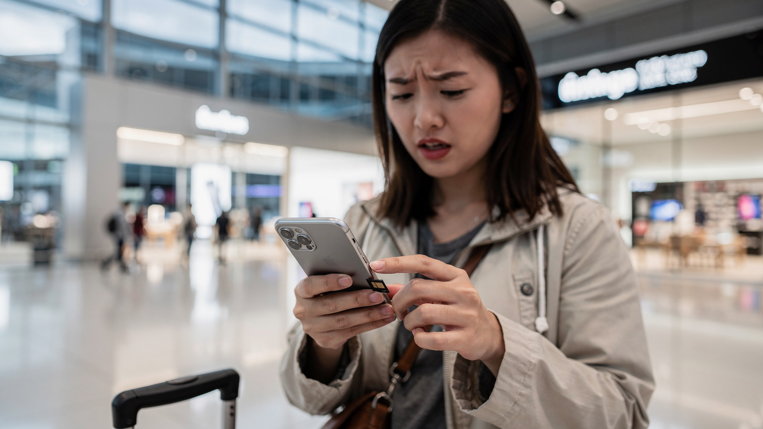 一名旅客在香港國際機場的蘋果商店外,困惑地看著手中大陸版iPhone的SIM卡槽,思考其與香港版iPhone在eSIM功能上的差異。