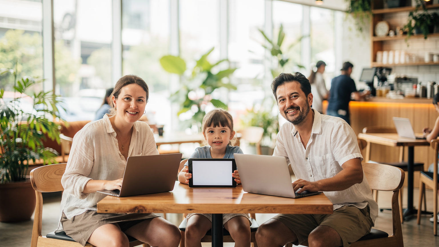 Une famille, l'air détendu, travaille sur des ordinateurs portables et des tablettes dans un café lumineux et moderne de Bangkok, avec des icônes de connexion Wi-Fi flottant au-dessus, illustrant le télétravail connecté en voyage.