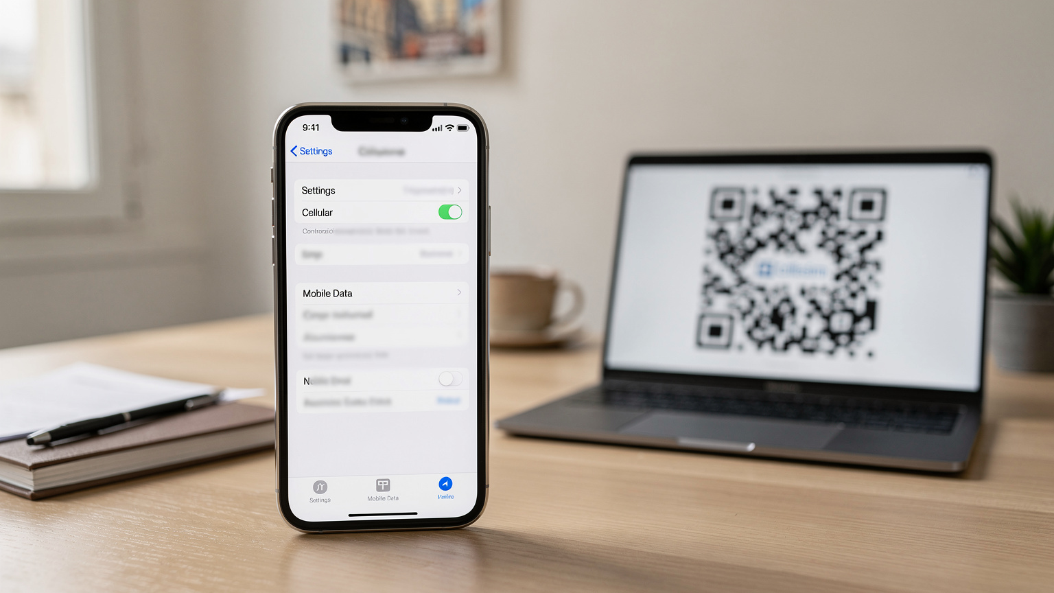 Gros plan sur un iPhone affichant un écran de réglages de données cellulaires, avec un QR code de Cellesim en arrière-plan flou sur un ordinateur portable, dans une ambiance de travail efficace.