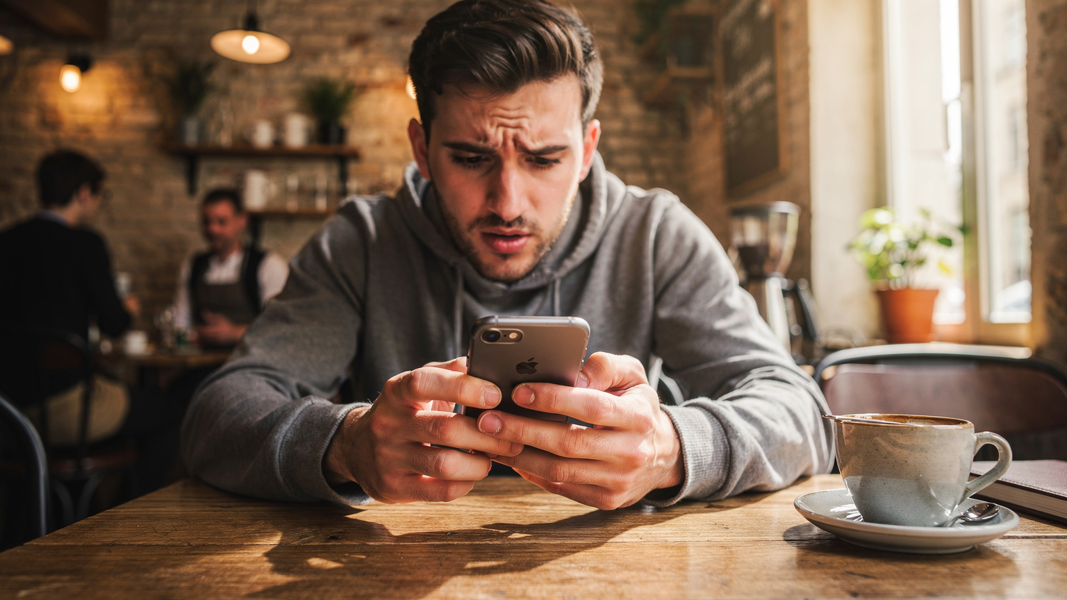 Un jeune homme, l'air déterminé et concentré, tient deux iPhones à bout de bras dans un café branché du quartier de la Croix-Rousse à Lyon, avec des reflets dorés du soleil couchant sur les façades en pierre visible à travers la fenêtre.