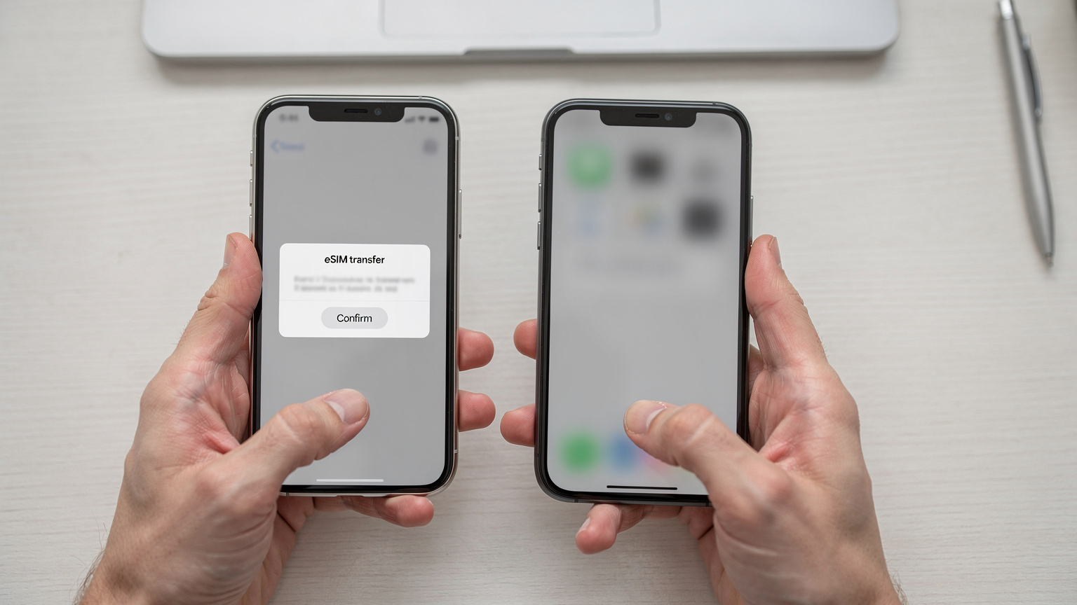 Gros plan sur des mains tenant deux iPhones côte à côte, l'écran de l'un affichant un message de confirmation de transfert eSIM, dans un style de photographie de produit pour un guide technologique.