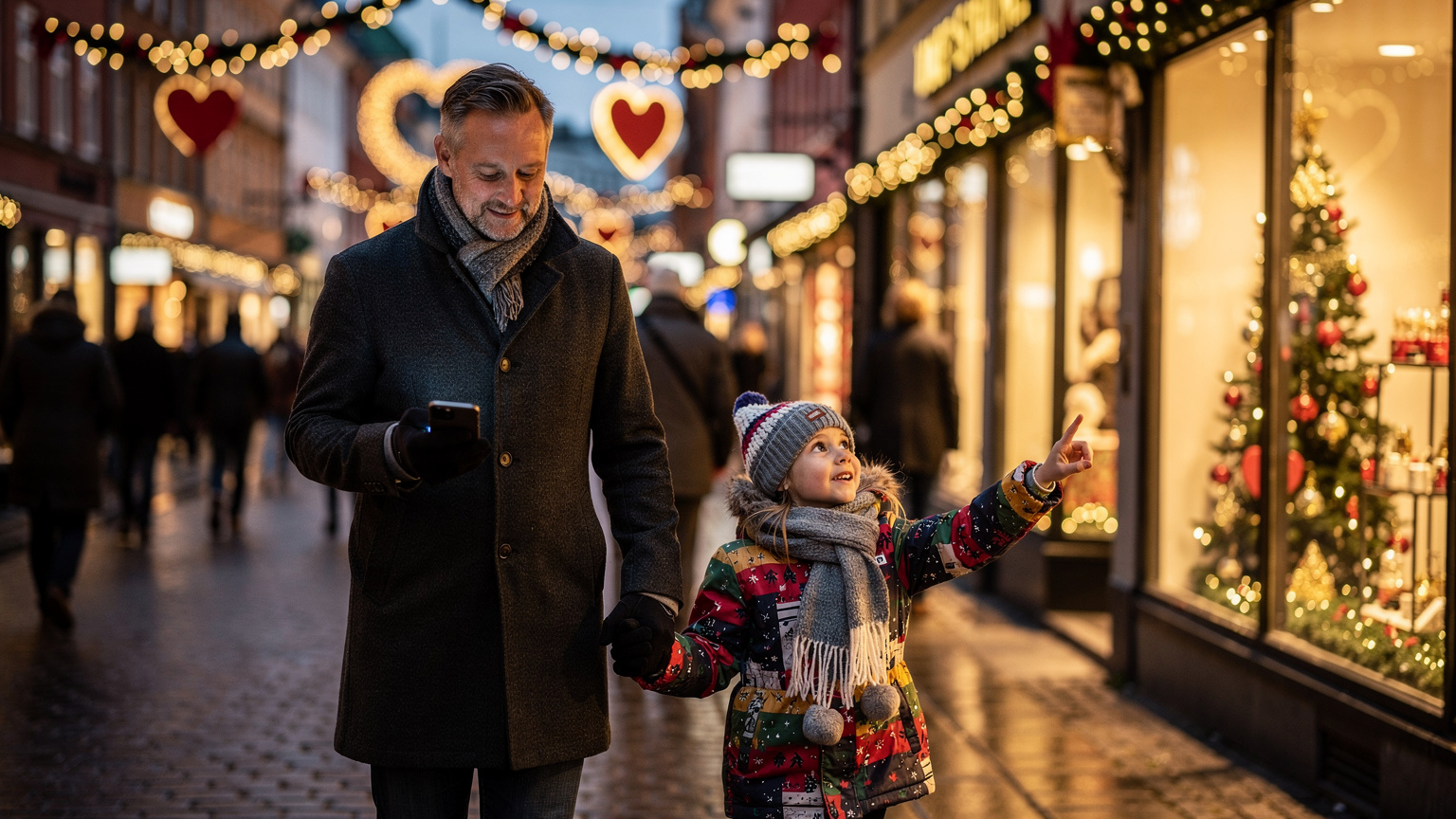 En travel julegate i København, Strøget, med en far som holder barnets hånd mens han diskret sjekker telefonen for veien til en julebutikk, og barnet peker på et utstillingsvindu.
