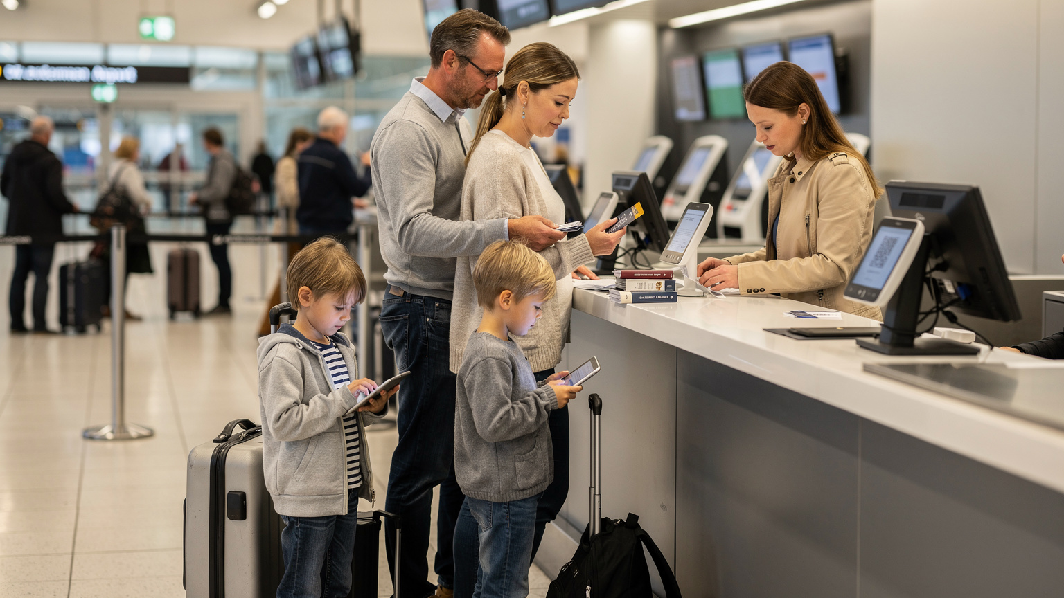 En travel familie ved innsjekkingsskranken på Gardermoen, med barn som ser på sine nettbrett og foreldre som fikser billetter, alt mens en eSIM-kode skannes raskt på en telefon.