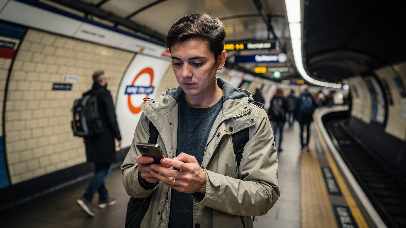 En travel London Underground-stasjon med en person som holder en smarttelefon og sjekker kartet, med en eSIM-app åpen på skjermen, mens andre passasjerer strømmer forbi.