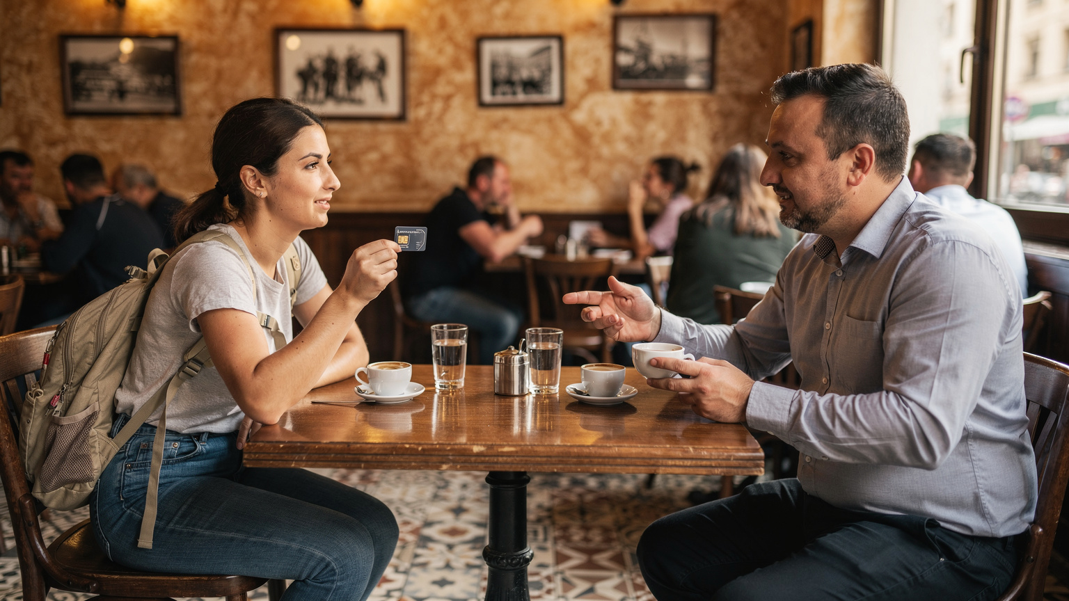 Ein Reisender zeigt seine lokale albanische SIM-Karte in einem belebten Café in Tirana, während er mit einem Einheimischen spricht.