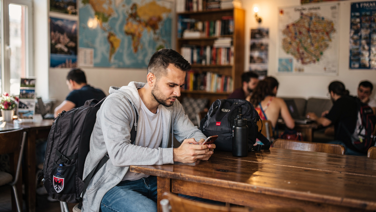Eine Person sitzt in einem belebten Hostel-Gemeinschaftsraum in Tirana, Albanien, und nutzt ihr Smartphone, während sie auf die Sicherheit der Datenverbindung achtet.