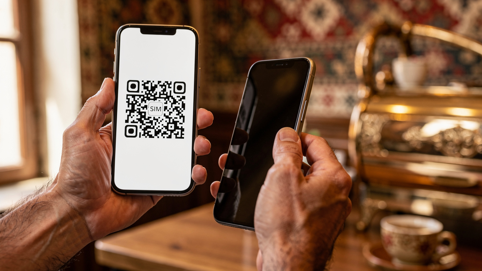 Nahaufnahme der Hände eines Reisenden, der ein Smartphone hält und einen QR-Code für die eSIM-Aktivierung scannt, im Hintergrund eine typisch albanische Cafékulisse.