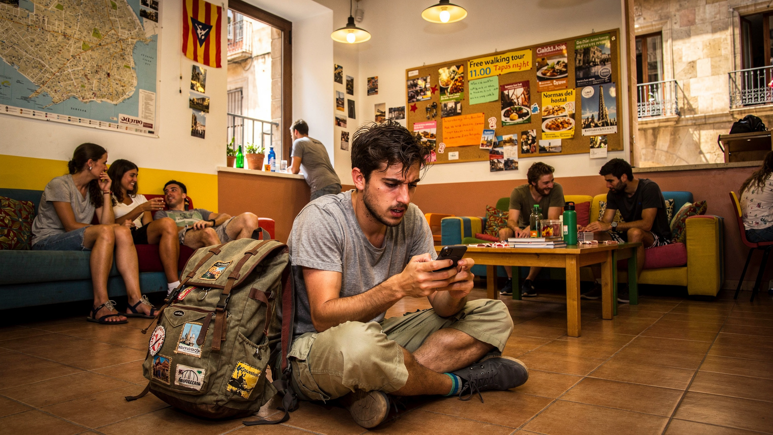 Un viaggiatore sta controllando il saldo dati della sua eSIM su un'app, seduto sul pavimento di un ostello affollato a Barcellona, con altri backpackers che interagiscono in sottofondo.