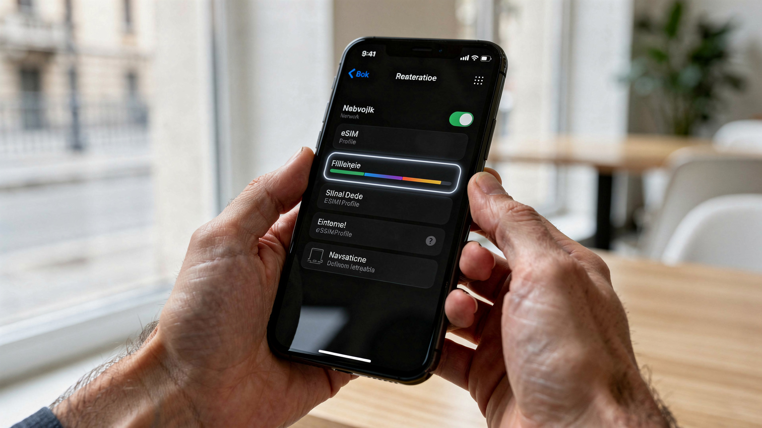 Un primo piano di mani che tengono uno smartphone, sul cui schermo sono visibili le impostazioni di rete, con il profilo eSIM evidenziato, in un ambiente luminoso e moderno.