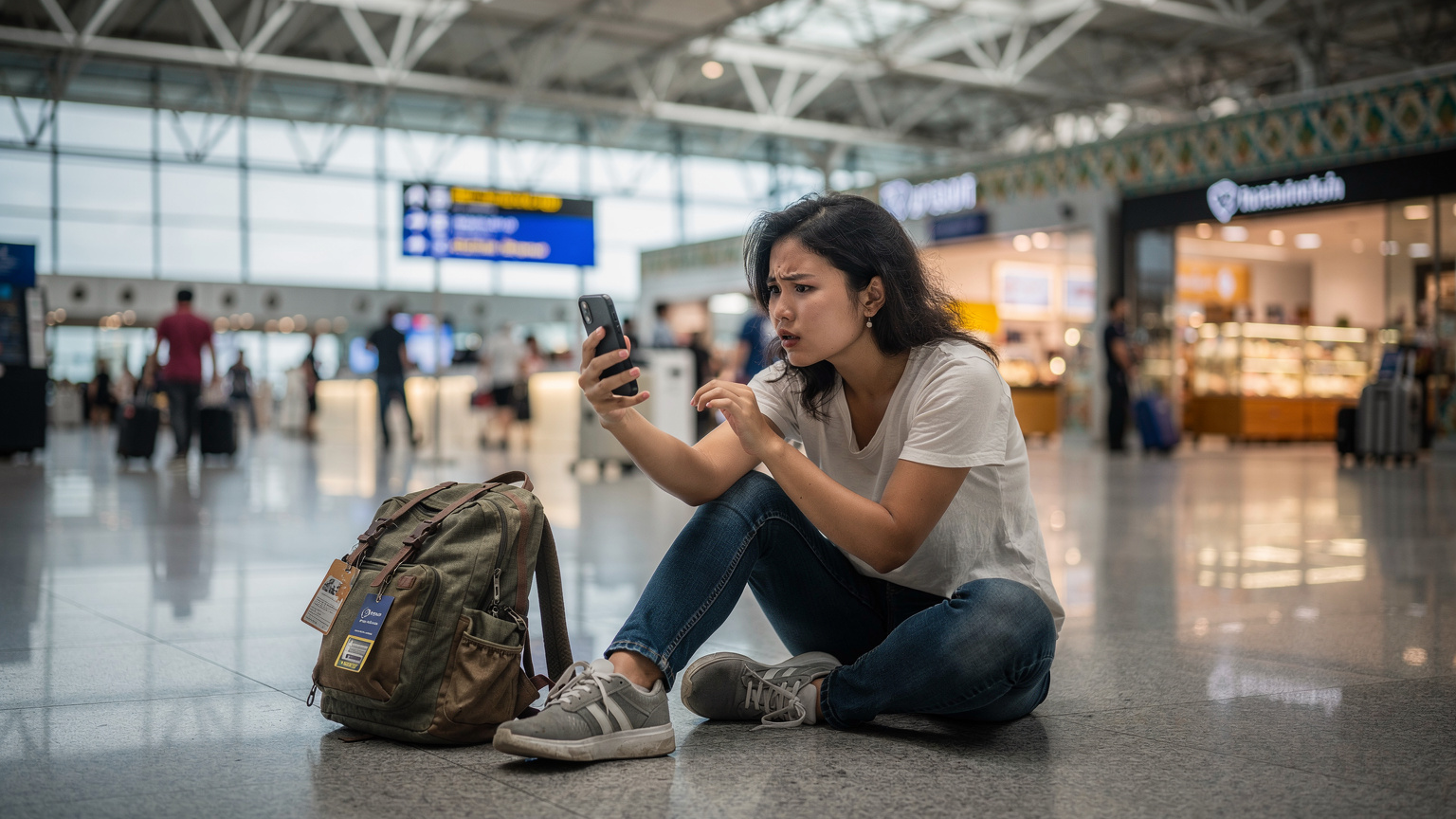 Una viaggiatrice frustrata sta cercando un segnale sul suo telefono, seduta sul pavimento di un affollato terminal dell'aeroporto di Bangkok, con espressione preoccupata.