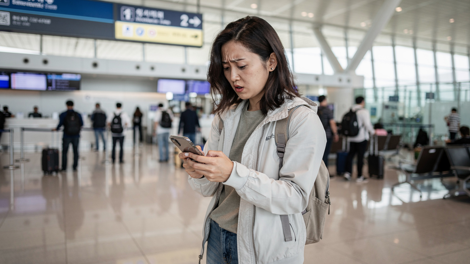 一位旅行者在韓國首爾仁川國際機場,表情焦急地查看iPhone設置,手機屏幕上顯示eSIM相關選項。