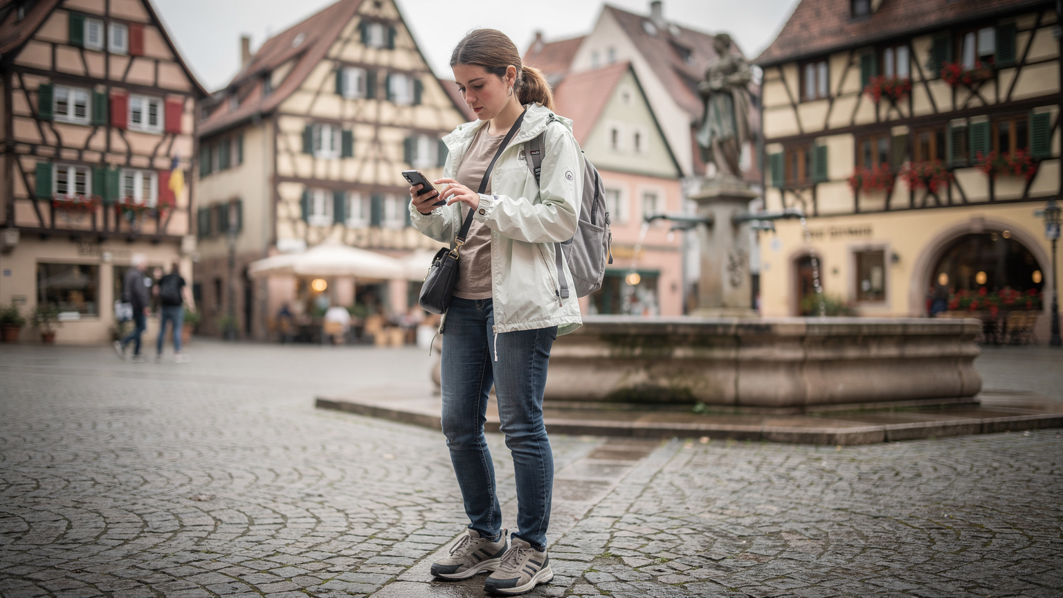 En ung kvinde i en hyggelig tysk bymidte, der tjekker sin smartphone for rutevejledning. Hun er omgivet af traditionelle tyske bindingsværkshuse og en brostensbelagt gade.