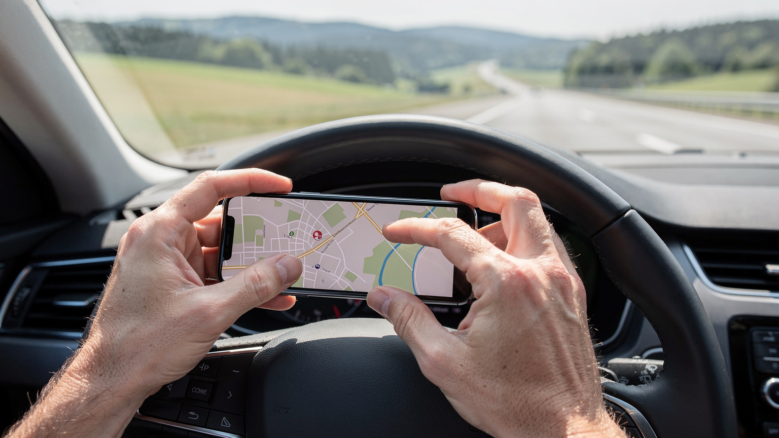Nærbillede af hænder, der holder en smartphone med et navigationskort, mens en bil kører på en motorvej i Tyskland. Udsigten gennem forruden viser en grøn landskab.