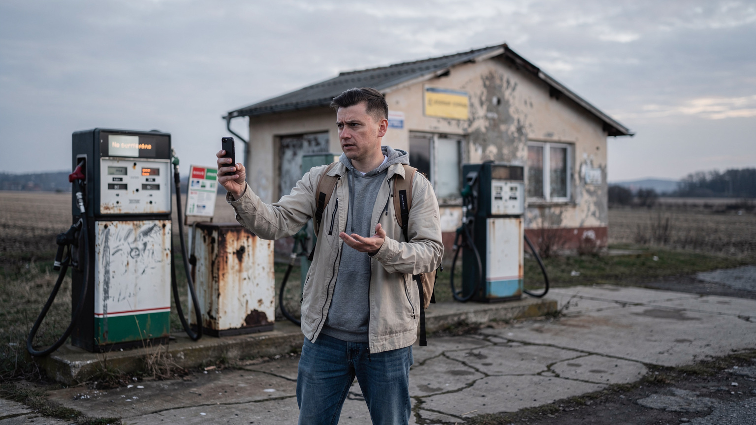 En frustreret person holder sin smartphone op, der viser 'ingen service', mens de står ved en tankstation et fjernt sted i Europa, omgivet af tomme marker.