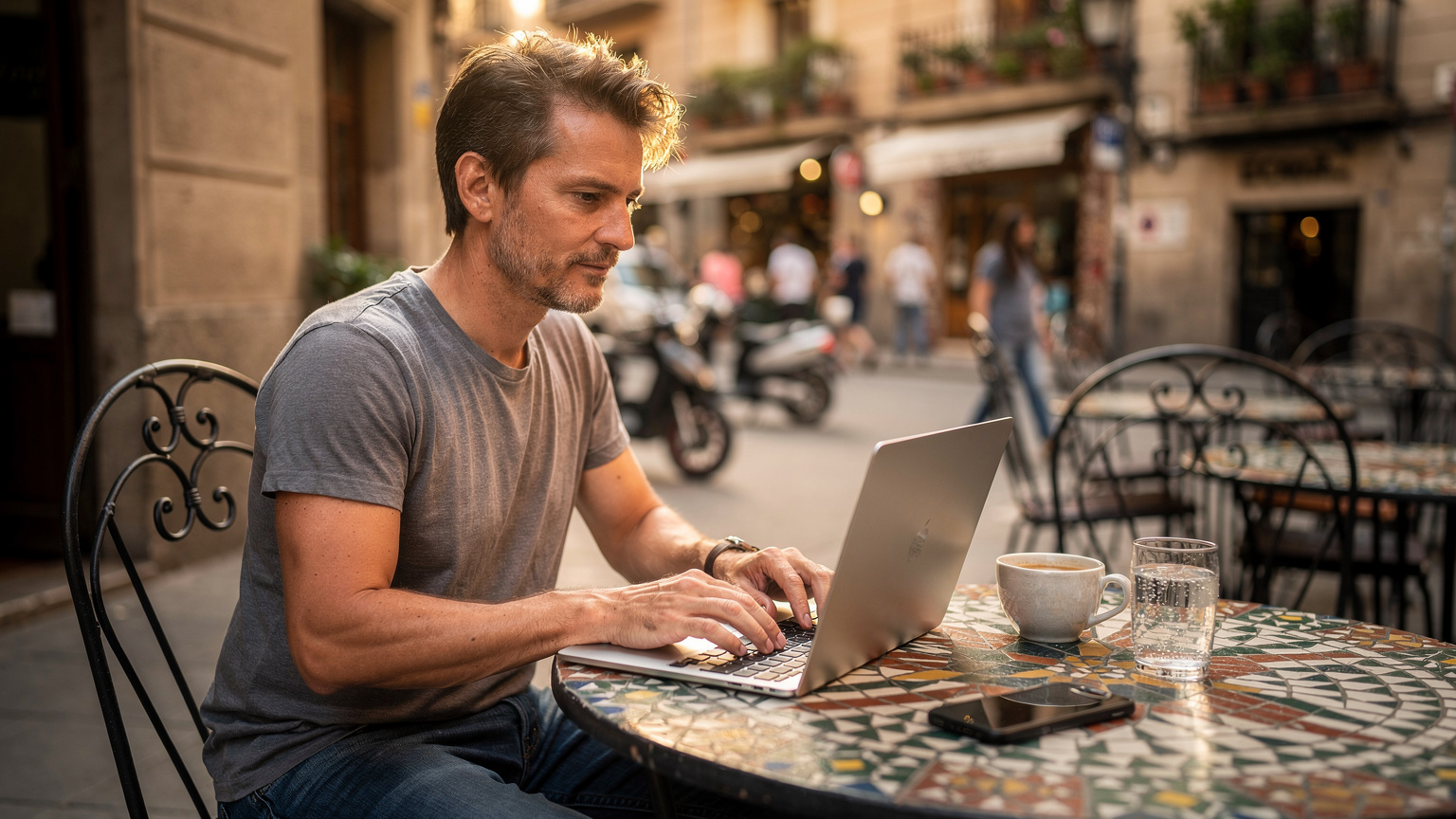 En digital nomade arbejder på en bærbar computer, der er forbundet via hotspot fra en smartphone, siddende ved et udendørs cafébord i Barcelona, Spanien.
