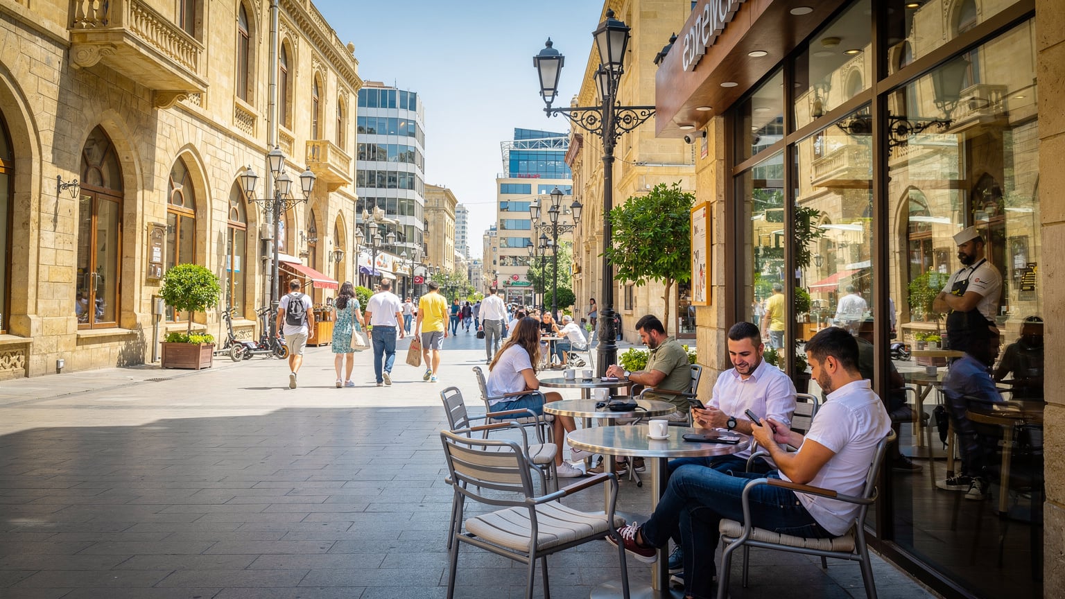 Eine belebte Straße in Baku, Aserbaidschan, mit einem modernen Café im Vordergrund, in dem Menschen auf ihren Smartphones tippen. Die Atmosphäre ist städtisch und international.