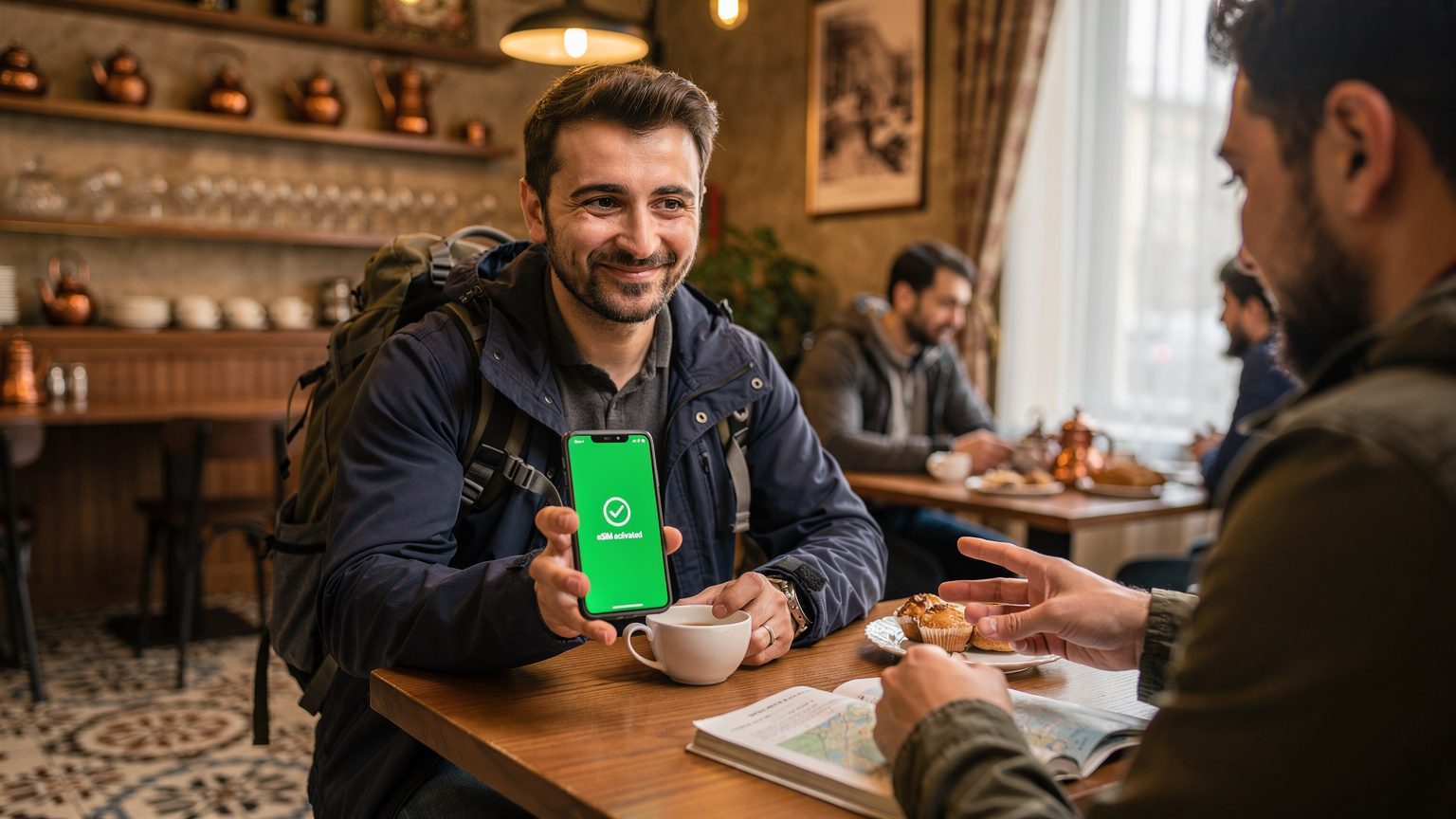 Ein Reisender zeigt sein Smartphone mit einer eSIM-Bestätigung in einem geschäftigen Café in Baku, Aserbaidschan. Der Bildschirm zeigt eine Erfolgsmeldung und die Umgebung ist von authentischer lokaler Kultur geprägt.