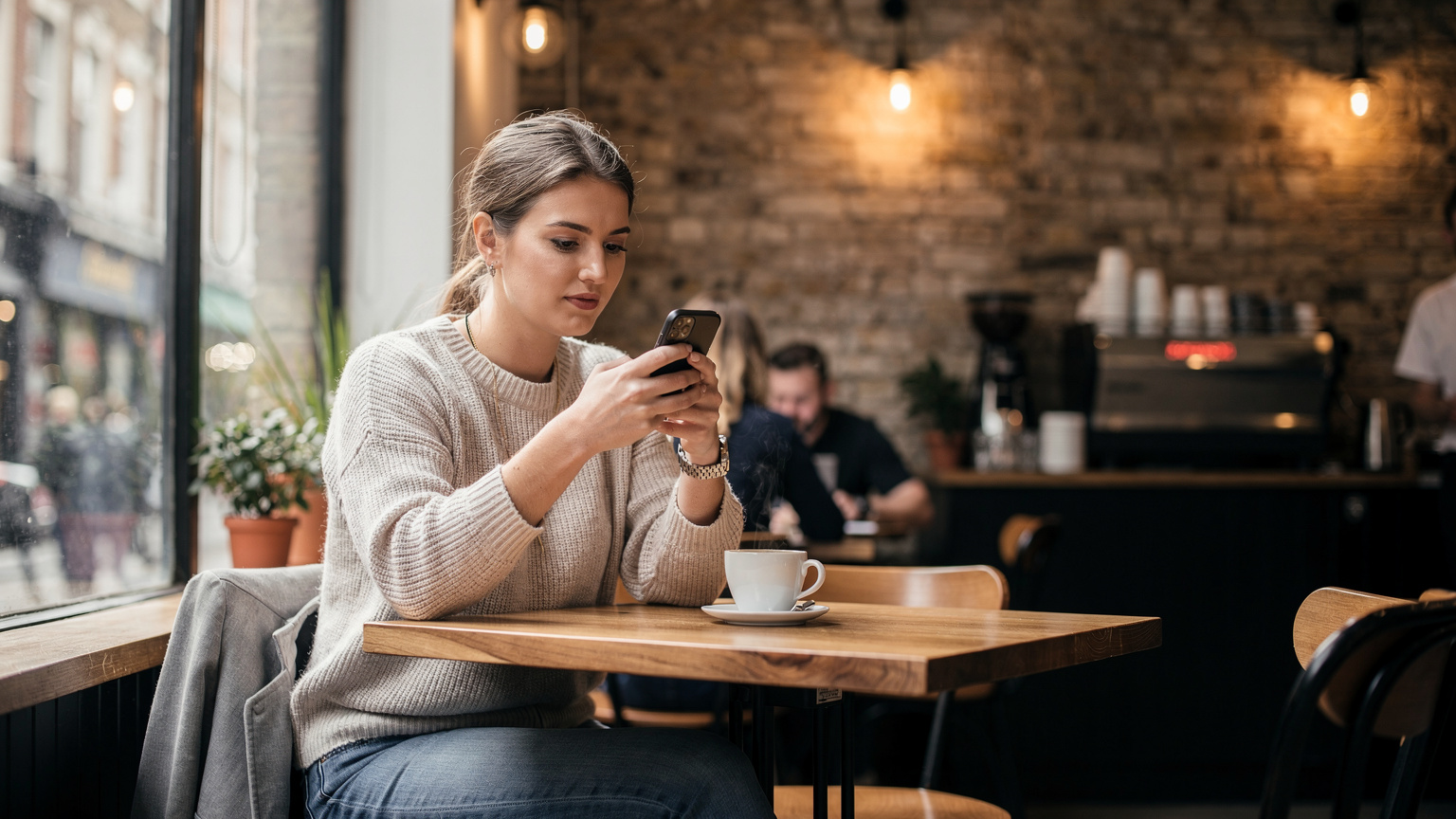 Mladá žena pije kávu v moderní londýnské kavárně a na svém telefonu si aktivuje eSIM, s rozmazaným pozadím rušného interiéru kavárny.