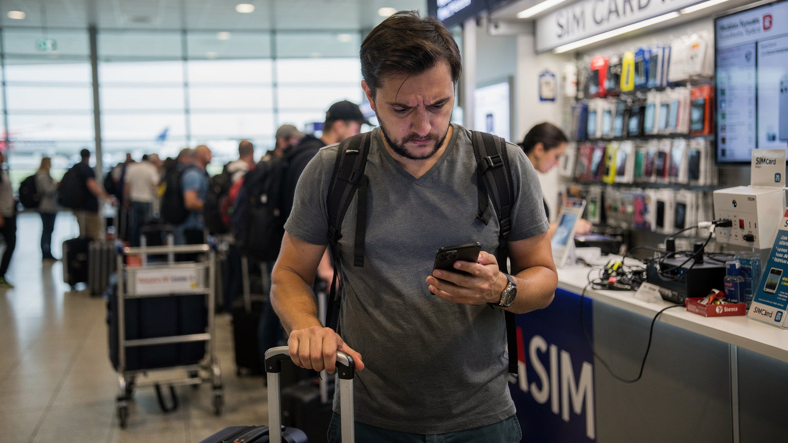 Yoğun bir havalimanı SIM kart standında uzun kuyrukta bekleyen, yüzünde hayal kırıklığı ifadesi olan bir yolcu, elindeki telefona bakıyor. Arkada bavullar ve diğer bekleyen insanlar var.
