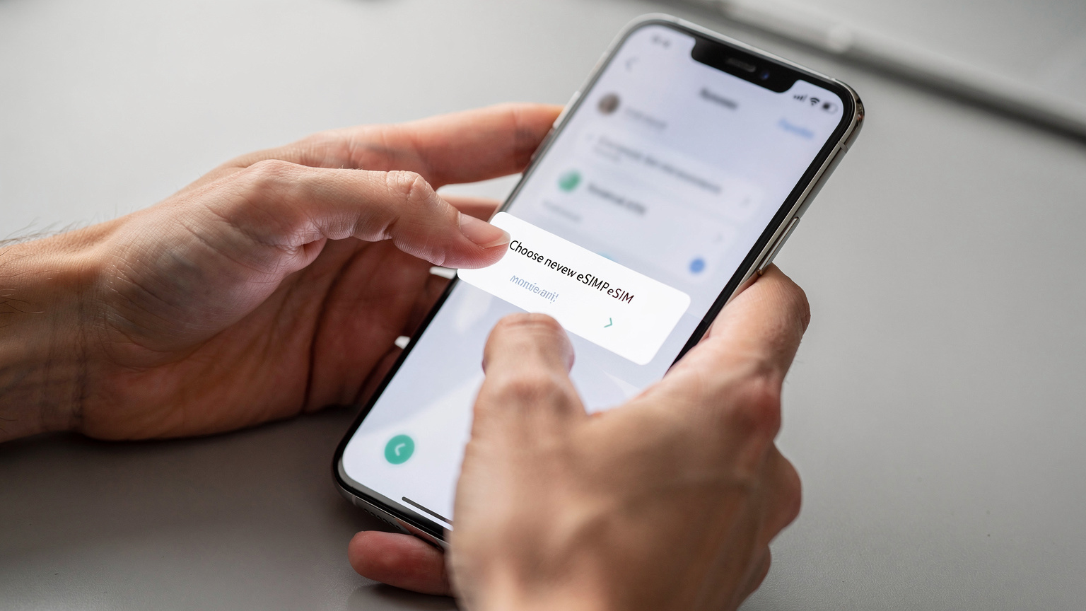 Bir kişinin elleri, modern bir akıllı telefonda eSIM ayarları menüsünü açmış, mobil veri için yeni eklenen eSIM profilini seçerken yakın çekim. Ekranda okunabilir metin yok, sadece menü yapısı ve seçim vurgulanıyor.