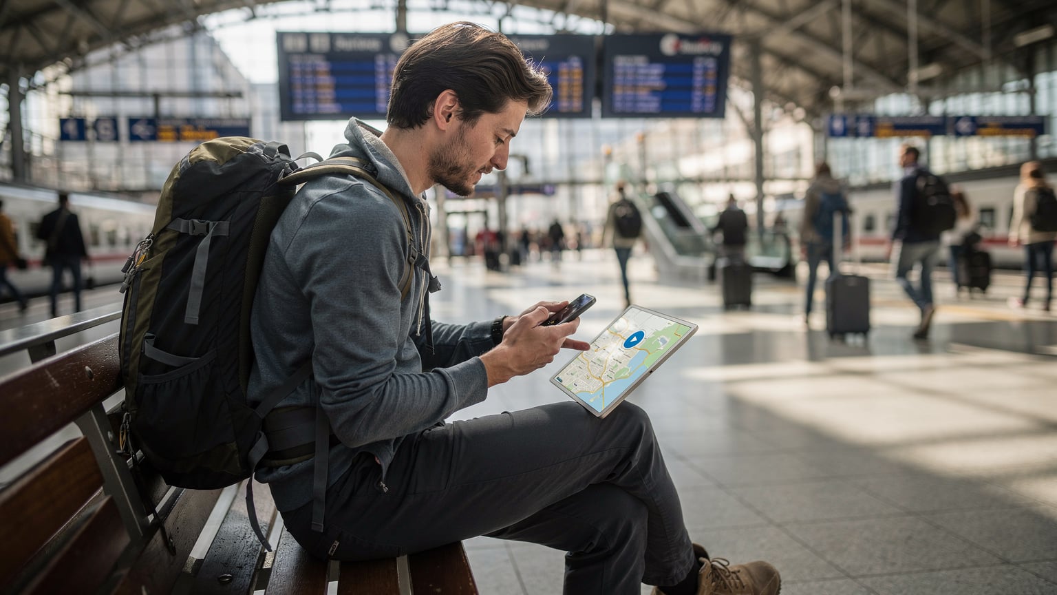 Bir seyahat eden, Berlin Hauptbahnhof gibi yoğun bir tren garında sırt çantasıyla oturmuş, elindeki telefonundan bir tabletine mobil veri paylaşıyor. Tablet ekranında bir harita uygulaması açık. Arka planda hareketli insanlar ve tren tabelaları.