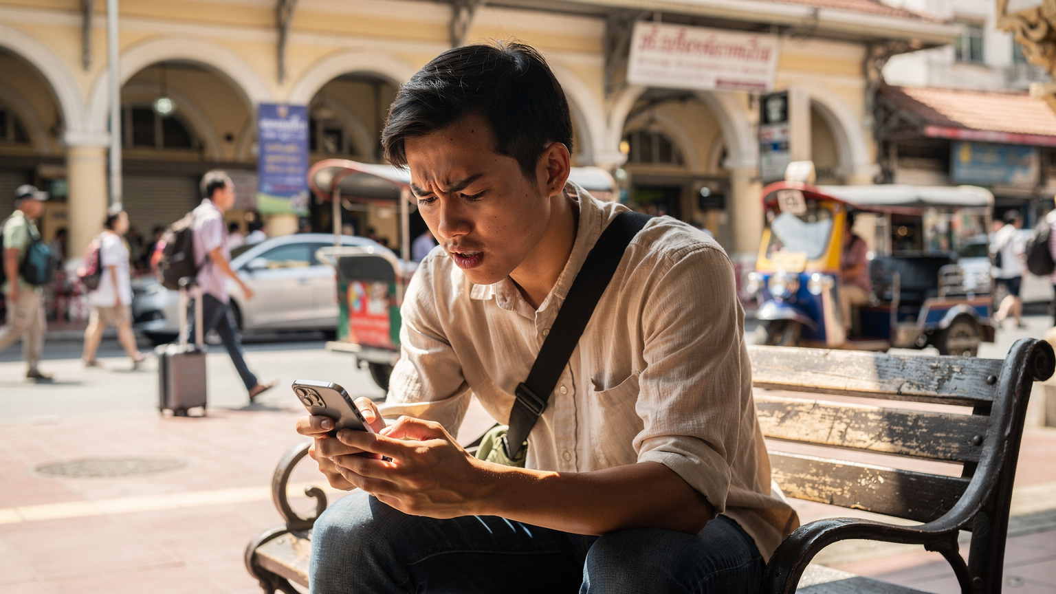 Một người đàn ông đang xem màn hình iPhone của mình với vẻ mặt lo lắng, ngồi bên ngoài một nhà ga xe lửa đông đúc ở Bangkok, Thái Lan, có thể do gặp vấn đề với kết nối mạng.